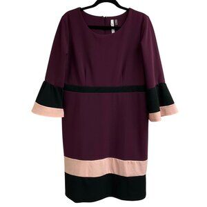 NY Collection Burgundy Colorblock Bell Sleeve Stretch Womens Large Sheath Dress